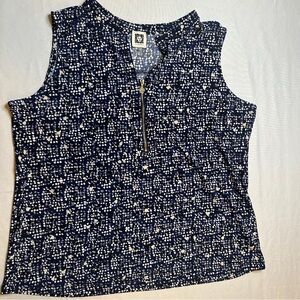 Anne Klein Sleeveless Navy Print Zip Front Top Women’s Large